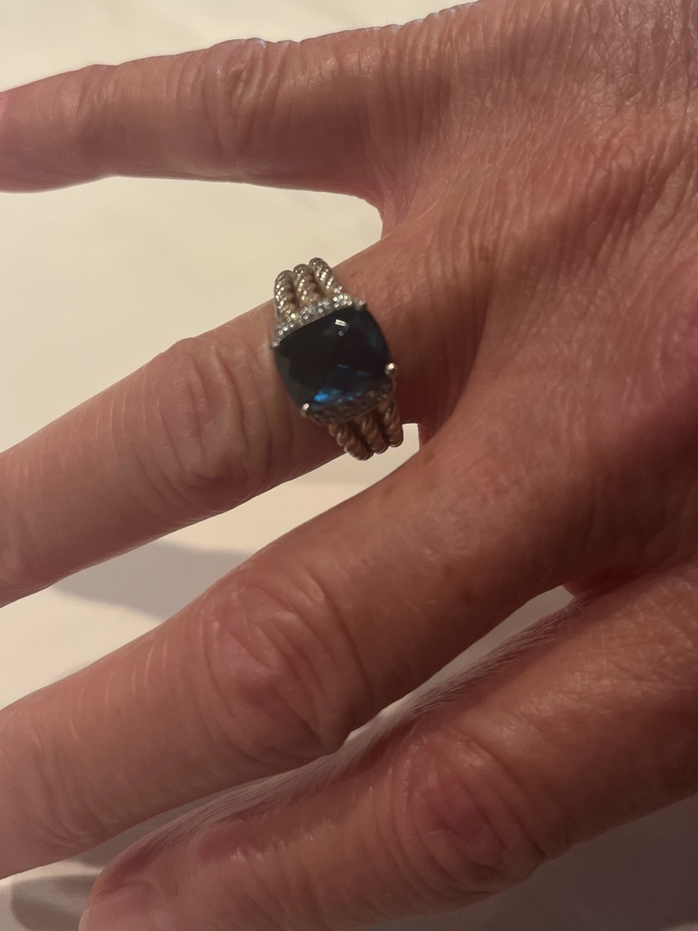 David Yurman Sterling Silver Ring with London blue Cushion Stone and Pavé